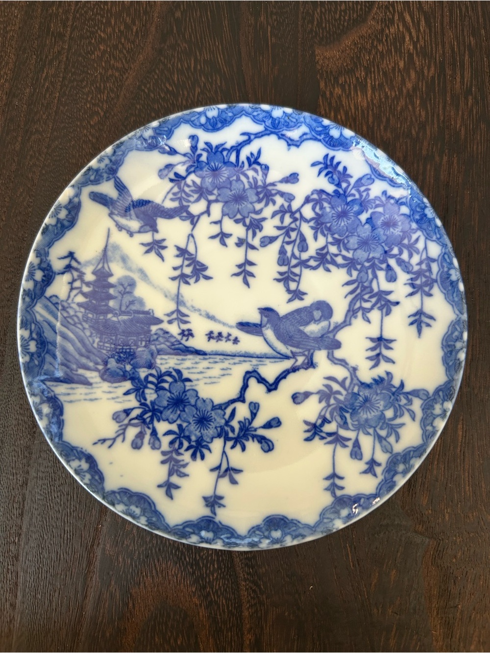 Vintage Japanese Blue Willow Style Floral Bird Plate Dish